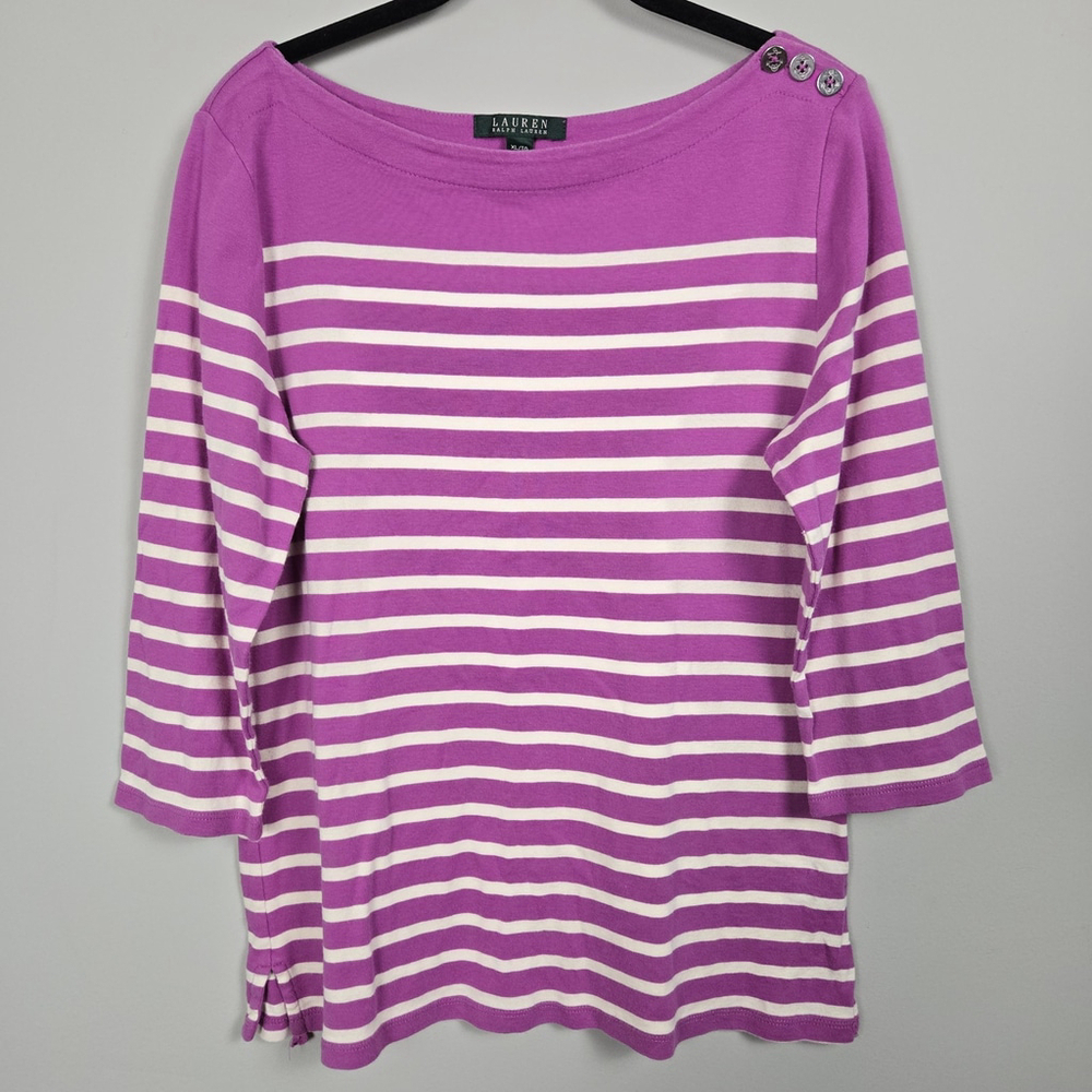 Lauren Ralph Lauren Womens Boat Neck Striped Top XL Purple Nautical 3/4 Sleeve